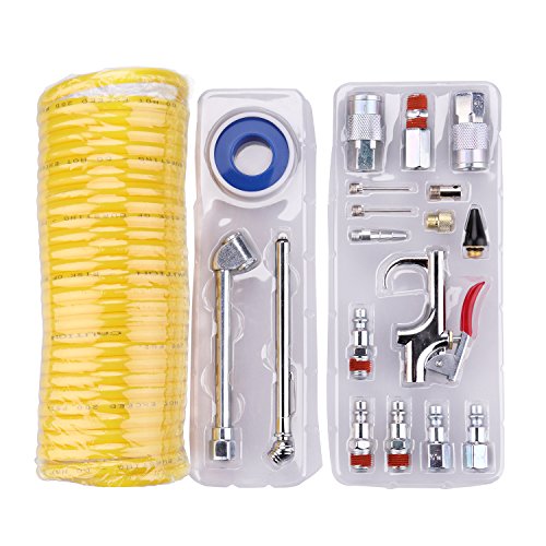 Air Compressor Kit, 1/4 Inch NPT Air Tool Kit with 1/4 Inch x 25Ft Coil Nylon Hose/Tire Gauge - 20 Pieces