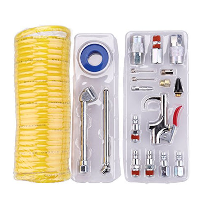 Air Compressor Kit, 1/4 Inch NPT Air Tool Kit with 1/4 Inch x 25Ft Coil Nylon Hose/Tire Gauge - 20 Pieces