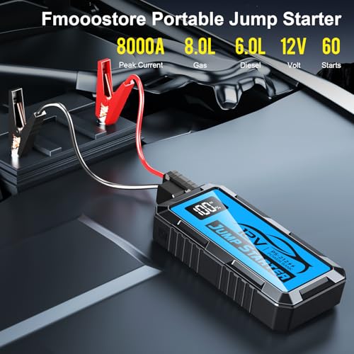 8000A Car Jump Starter, 12V Jump Starter Battery Pack (All Gas,up to 10.0L Diesel Engine) Jumper Cables Portable Lithium Jump Box, USB Output and LED Light - color: blue