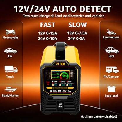 PLXX 12V 24V Car Battery Charger Heavy Duty 0-15A Automatic Smart Trickle Charger with Auto Shutoffs, Repair, Winter Mode, for Automotive Car Truck Motorcycle Lawn Mower Boat Marine AGM