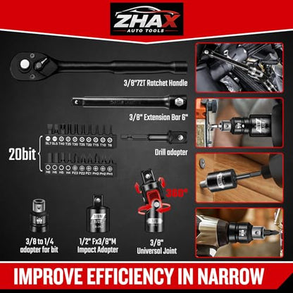ZHAX 3/8 Inch Drive 6 Point Impact Socket Set, 72 PCS Standard SAE(5/16"- 3/4") & Metric(8-22mm) With Spark Plug, Deep & Shallow, 72T Wrench Ratchet Tool Kit,Cr-V With Heavy Duty Storage Case - size: 3/8" drive hex point
