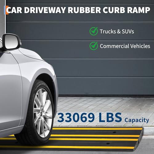 48" Commercial-Grade Rubber Driveway Ramps with Drainage Channels, Low-Profile Curb & Gutter Ramps for Vehicles, Wheelchairs & Carts, All-Weather Garage & Driveway Accessibility Solution