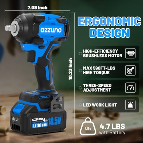 AZZUNO Impact Wrench, 1/2" Impact Gun,Power Impact Driver Torque 500N.m (369 Ft-lbs),20V Cordless Impact Wrench with 4.0Ah Battery,Charger, 25Pcs Bits & Sockets, Electric Impact Wrench for Home/Car