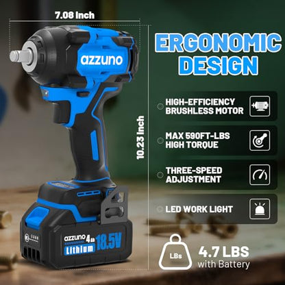 AZZUNO Impact Wrench, 1/2" Impact Gun,Power Impact Driver Torque 500N.m (369 Ft-lbs),20V Cordless Impact Wrench with 4.0Ah Battery,Charger, 25Pcs Bits & Sockets, Electric Impact Wrench for Home/Car