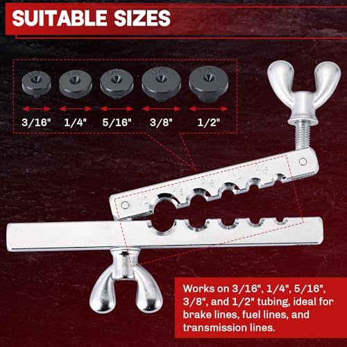 Brake Line Double & Single Flaring Tool Kit with Tubing Cutter | 45° Flare Tool Set with 5 Adapters for Copper, Aluminum & Brass Tubing, Brake Line Flaring Tool Kit