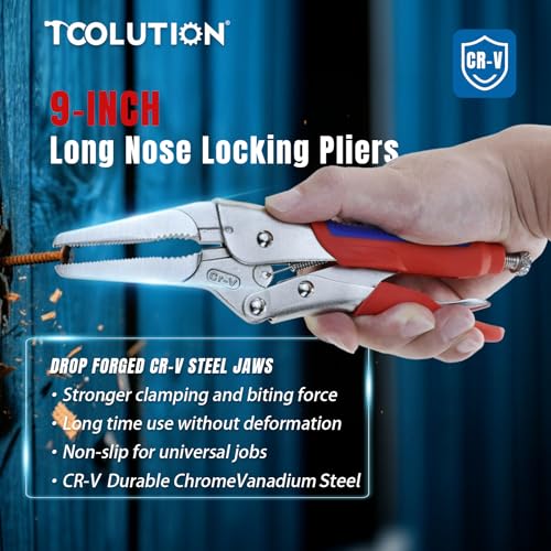 9 Inch Needle Nose Vice Grip Locking Pliers with CR-V Jaws | Long nose locking grip with quick release lever, adjustable screw and non-slip TPR handle for automotive and electronics