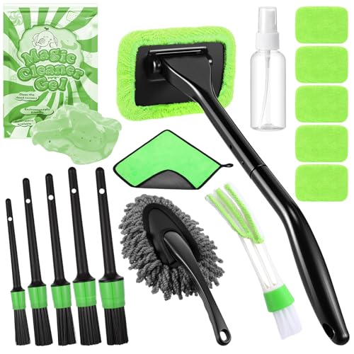 16 Pcs Windshield Cleaner Tool, Car Cleaning Kit with Various Detailing Brushes Set Spray Bottle Cleaner Towel Cleaning Gel Accessories Car Interior Detailing Kit for Windows Vents(Green) - color: Green