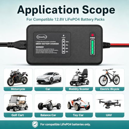 Unocho 14.6V 4A LiFePO4 Battery Charger 4-Stage Smart Charger Maintainer for 12.8V Lithium Iron Phosphate Batteries, BMS Wake-Up, LED Indicator, Clips and Ring Terminals