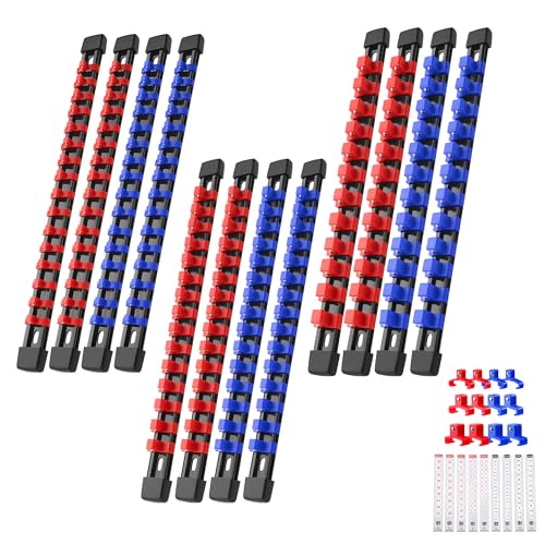 Reniteco 12-Pack Socket Organizer Set, 1/4" x 64 3/8" x 60 1/2" x 48 Clips | 172 Clip Capacity, Havy-Duty ABS Socket Rails, Removable Clips, Drive Socket Storage, Toolbox Drawer or Wall Mount - color: Blue&Red, size: 12 Pcs