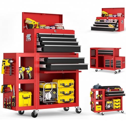 8-Drawer Rolling Tool Chest,3-in-1 Tool Box on Wheels with Lockable Steel Garage, Detachable Top Toolbox & Bottom Storage Cart with Additional Cabinet for Repair Room,Warehouse, 2026 Red - size: Large-Red
