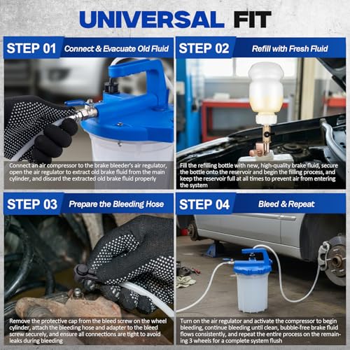 Pneumatic Brake Bleeding Tool with 3L Suction Can, 1L Refill Bottle and 22 Universal Fittings - One Person Upgrade Tool for Car Brake Fluid Bleeding, Automotive Maintenance Use
