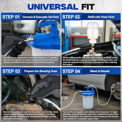 Pneumatic Brake Bleeding Tool with 3L Suction Can, 1L Refill Bottle and 22 Universal Fittings - One Person Upgrade Tool for Car Brake Fluid Bleeding, Automotive Maintenance Use