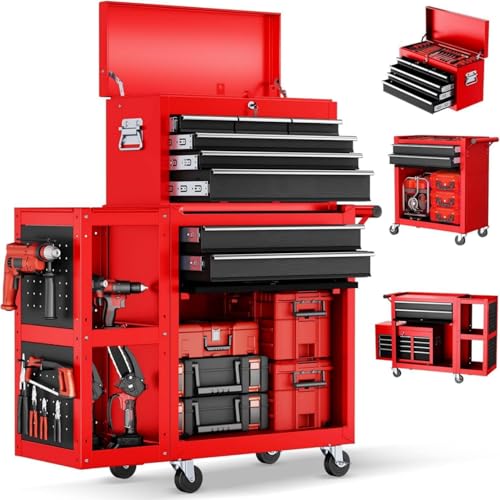 Heavy Duty 8 Drawer Rolling Tool Chest, 3-in-1 Modular Tool Box Set with Detachable 4-Tire Utility Cart, Lockable Workshop Tool Cabinet with Protective Liner for Industrial Warehouse, Red - color: Dark Red, size: 8-Drawers