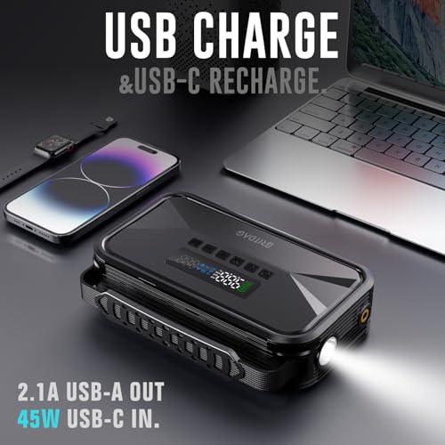 Portable Car Jump Starter with 150PSI Air Compressor | 2000A Peak, 12V Lithium Battery Booster, PD45W Power Bank, Emergency Tire Inflator for Cars, Trucks, RVs & Outdoor Gear
