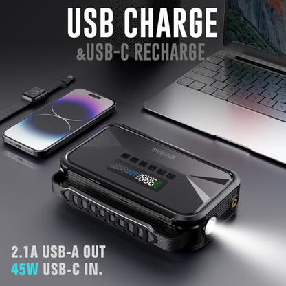 Portable Car Jump Starter with 150PSI Air Compressor | 2000A Peak, 12V Lithium Battery Booster, PD45W Power Bank, Emergency Tire Inflator for Cars, Trucks, RVs & Outdoor Gear