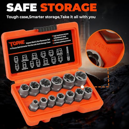 Bolt Extractor Kit,14 Piece Impact-Grade CR-MO Steel Nut Remover Set | 3/8" Drive Socket for Removing Frozen, Rusted, Rounded Bolts & Lug Nuts (Sizes 8-19mm)