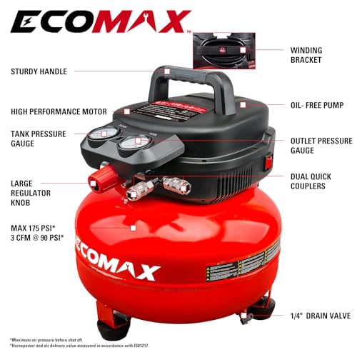 ECOMAX 6 Gal Pancake Air Compressor 175PSI, 3 CFM @ 90 PSI w/25 FT Air Hose | Oil-Free Pump, Dual Quick Couplers, 1.5HP Compressor for Air Tools, Car Tires, Garage & Shop - style: Air Hose
