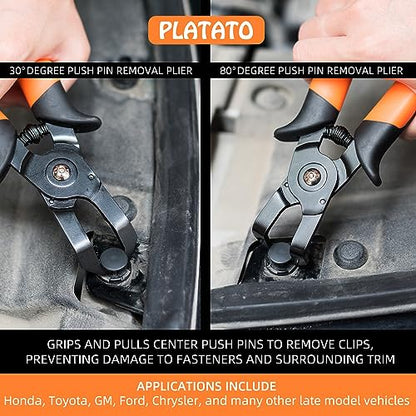 PLATATO 2 PCS Push Pin Pliers Set Auto Panel Clip and Trim Removal Tool Includes 30 Degree and 80 Degree Pliers Easily Removes Plastic Fasteners and Rivets