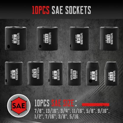 WIILDIS 26 PCS 3/8" Drive SAE and Metric Impact Socket Set, SAE 5/16” to 7/8", Metric 7mm to 22mm, Premium Cr-V Steel, 6-Point Hex Designt,Cr-V Steel - size: 26-Piece