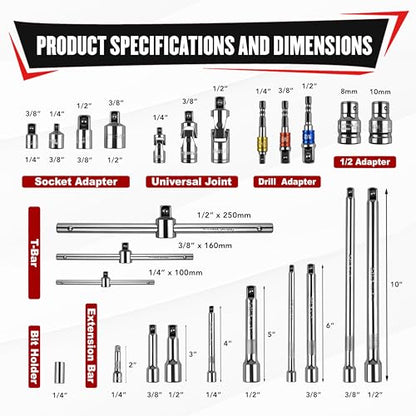 YIYITOOLS 25Pcs Drive Tool Accessory Kit, 1/4" 3/8" 1/2" Socket Accessories, Extension Bar, Adapter, Universal Joint & T-Bar, Professional CR-V Steel Construction - size: 25Pcs (Tool Accessory)