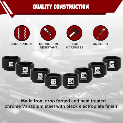 MIXPOWER 8 Pieces 3/8" Drive Low Profile Oil Filter Socket Set, 24mm, 27mm, 28mm, 29mm, 30mm, 32mm, 36mm, 38mm, Oil Filter Cap Remover and Installer Tool Set - size: 8-Piece