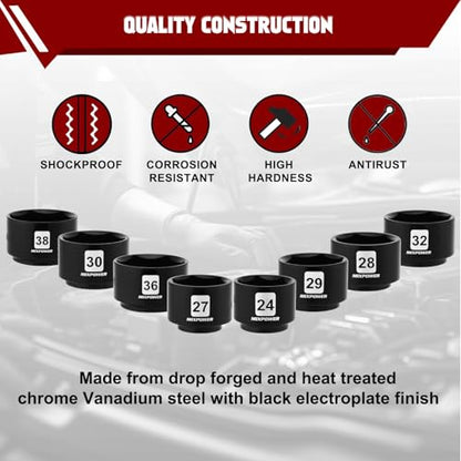 MIXPOWER 8 Pieces 3/8" Drive Low Profile Oil Filter Socket Set, 24mm, 27mm, 28mm, 29mm, 30mm, 32mm, 36mm, 38mm, Oil Filter Cap Remover and Installer Tool Set - size: 8-Piece