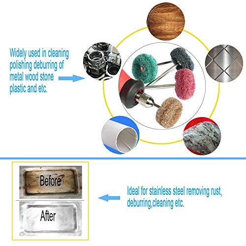 FPPO 100PCS Abrasive Buffing Polishing Wheel Set for Rotary Tool,Mini scouring pad Brush Polishing kit, Removal of Rust,Deburring on Metal Surface,with 3mm Mandrel - style: mix100pcs