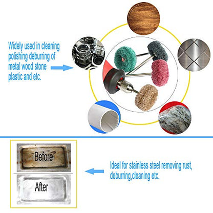 FPPO 100PCS Abrasive Buffing Polishing Wheel Set for Rotary Tool,Mini scouring pad Brush Polishing kit, Removal of Rust,Deburring on Metal Surface,with 3mm Mandrel - style: mix100pcs