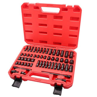 55-Piece 1/4" Drive Impact Socket Set, 6-Point deep & standard SAE/Metric(5/32"-9/16", 4-15mm), CR-V steel. Includes 2",4",6" Extension Bars, Universal Joint & Adapter,Ratchet Handle - size: 55 PCS, 1/4" Socket Set, Metric & SAE