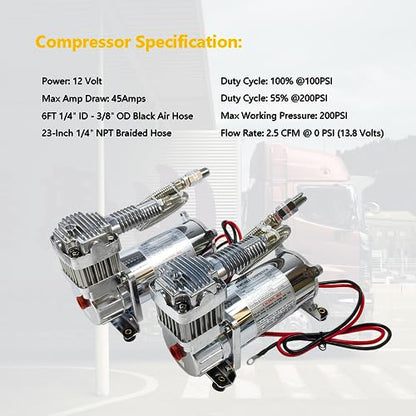 Dual Heavy Duty Onboard 12V Air Compressors 200 PSI with Remote Mount Kit | Universal Fit for Truck Car Train Horn, Suspension Ride Bag System | Fits All 12V Vehicles like Truck Pickup SUV RV Marine