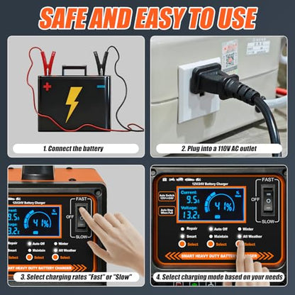 12V 24V Car Battery Charger Heavy Duty, Portable 0-15A Smart Battery Maintainer/Trickle Charger with Repair, Auto Shutoff, Winter/Summer Mode for Car Truck Boat RV Lawn Mower AGM Lead-Acid Deep Cycle