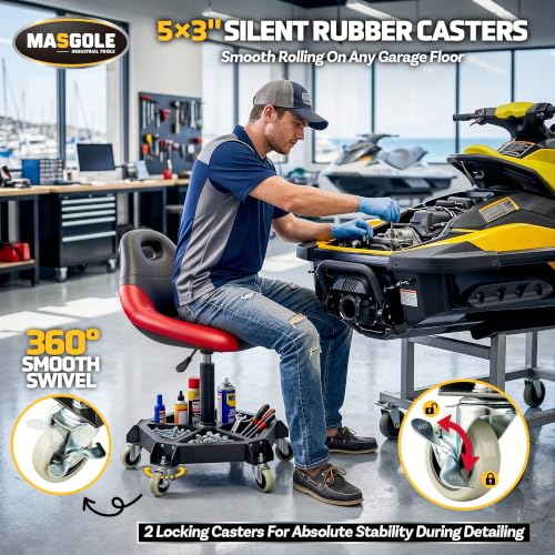 Rolling Shop Stool with Wheels, 330LBS Capacity Garage Mechanic Stool Seat with Backrest and Tool Tray Storage for Workshop, Pneumatic Adjustable Height Heavy Duty Garage Chair for Work, Red