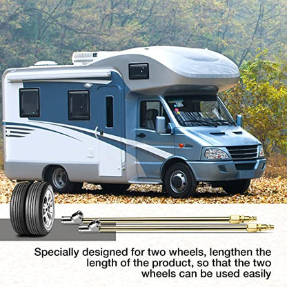 LUMITECO 2-Way Connection 13.8" Extended Air Chuck Set, 1/4 in FNPT Straight Foot Dual Head Tire Inflate Chuck with Standard Brass Quick Plug, Tire Air Compressor Fill Kit for Truck RV Dually Tires - size: 14'' - Solid Brass