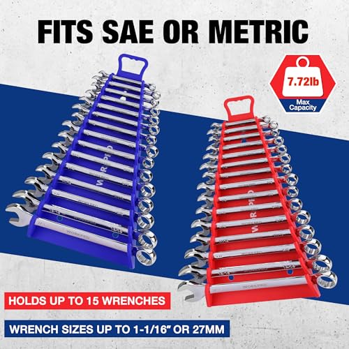 WORKPRO Magnetic Wrench Organizer, 15-Slot Gripper Wrench Holder | 2-Pack Wrench Rack for Tool Box, Fits SAE (1/4" to 1-1/16") and Metric (6mm to 27mm), Flexible Grips, Blue and Red - style: 15-Slots Wrench Organizer(2PC)
