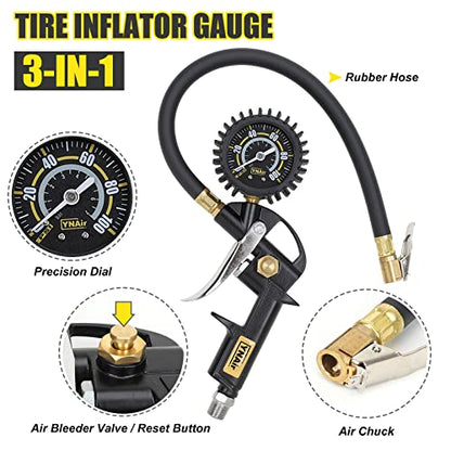 18 Pieces Air Compressor Accessories kit, 1/4 in x 25 ft Recoil Poly Air Compressor Hose Kit, 1/4" NPT Quick Connect Air Fittings, 100 PSI Tire Inflator Gauge, Blow Gun, Couplers and Plugs