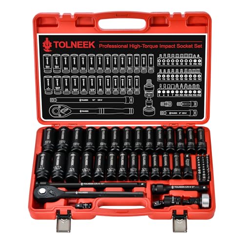 63-Piece 1/2" Drive Impact Socket Set, SAE (3/8 to 1 inch) and Metric (10-24mm) Socket Wrench Set with Extension Bars, Palm Ratchet Kit, CR-V Steel for Auto/Industrial Repairs - size: 63-Piece 1/2" Drive Impact Socket Set
