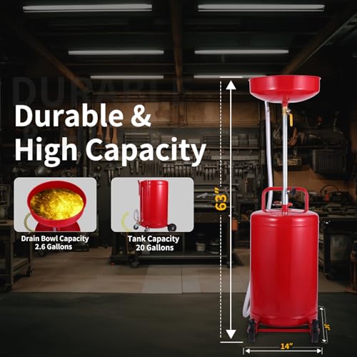 XtremepowerUS 20 Gallon Portable Waste Oil Drain Tank Air Operated Drainage Adjustable Funnel Height with Wheel, Red - size: 20 Gallon