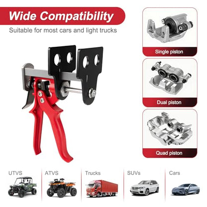 Brake Caliper Compression Tool, 4 Piston Brake Caliper Tool for Single/Twin/Quad Piston Calipers, 29100 Brake Pad Spreader Compatible with Most Cars and Light Trucks (Red)