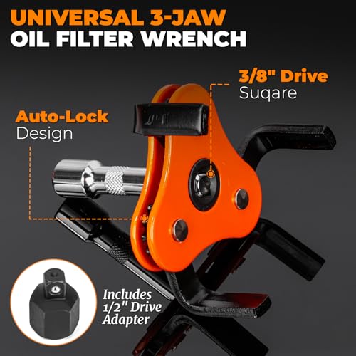 3-Jaw Adjustable Oil Filter Wrench Set | 2-1/8 to 4-1/2 inches (54-115mm), Universal Oil Filter Wrench, Quick Release Ratchet and Case, For Tight Spaces