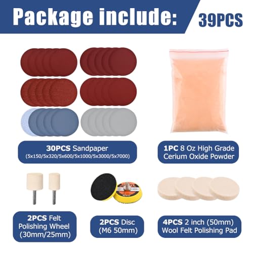 Glass Polishing Kit, 39Pcs/Set Glass Scratch Remover, Deep Scratch Window Repair Tool, Window Windscreen Repair Kit with Cerium Oxide Polishing Powder Polish Pad and Wheel(Size:39pcs)