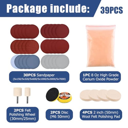 Glass Polishing Kit, 39Pcs/Set Glass Scratch Remover, Deep Scratch Window Repair Tool, Window Windscreen Repair Kit with Cerium Oxide Polishing Powder Polish Pad and Wheel(Size:39pcs)