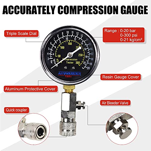 Petrol Engine Cylinder Compression Tester Kit, 8Pcs Automotive Engine Gas Pressure Gauge Set for Motorcycle Car Truck - size: Gauge Set without Spark Plug Tester