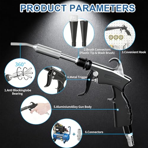 Detailing Car Cleaning Gun Interior Dryer Air Blow Gun, High Pressure Blower Gun with 5 Pcs Brushes for Auto Carpet Seats Dashboard Console Cleaning