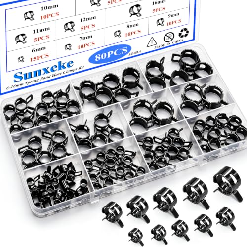 80Pcs Black Spring Band Hose Clamp Assortment,10 Sizes Fuel Line Clamps,Low-Pressure Air Clip Strap Clamp for Silicone Vacuum & Fuel Line Hoses(6mm 7mm 8mm 9mm 10mm 11mm 12mm 14mm 15mm 16mm) - color: Black-80pcs