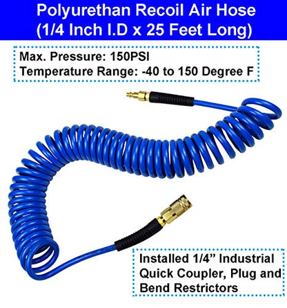 YOTOO Air Compressor Accessories Kit, Heavy Duty 1/4" x25' Air Hose Kit with 150 PSI High Accuracy Digital Tire Inflator Gauge, Adjustable Air Blow Gun Kit