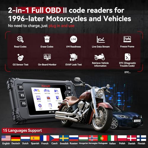 iCarsoft MT V6 for Indian Motorcycle Full System Diagnostic Tool Motorbike and Car 2-in-1 OBD2 Scanner Engine Code Reader with 33+ Active Test of Engine, AutoVIN, Battery Test, Lifetime Free Update