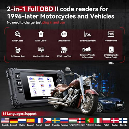 iCarsoft MT V6 for Indian Motorcycle Full System Diagnostic Tool Motorbike and Car 2-in-1 OBD2 Scanner Engine Code Reader with 33+ Active Test of Engine, AutoVIN, Battery Test, Lifetime Free Update