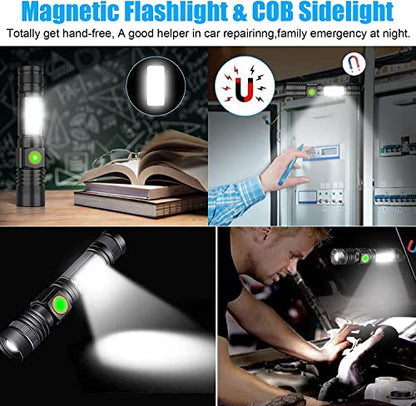 Hoxida USB Rechargeable Flashlight, Magnetic LED Flashlight, Super Bright LED Tactical Flashlight with Cob Worklight,Waterproof,Zoomable Small LED Flashlight for Camping, Flashlight with Holsters - color: 2pack flashlight with holster