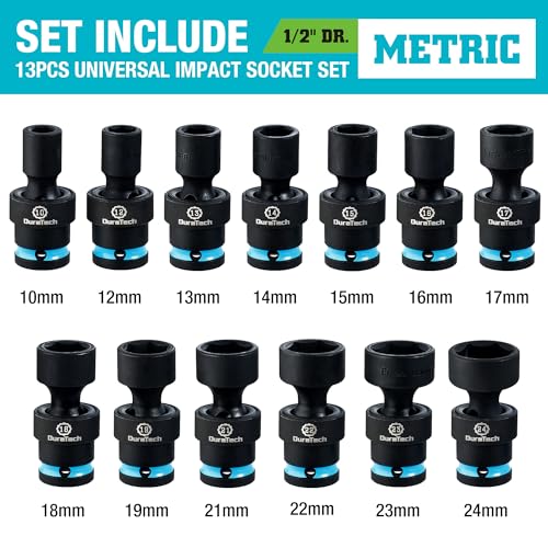 DURATECH 1/2" Drive Impact Swivel Socket Set, 13-Piece Shallow Wobble Sockets, Universal Joint Socket Set Metric, Cr-Mo Steel, 6 Point, Organized in Sturdy Storage Case(10-24mm) - style: 13 PCS Metric 1/2" Dr.