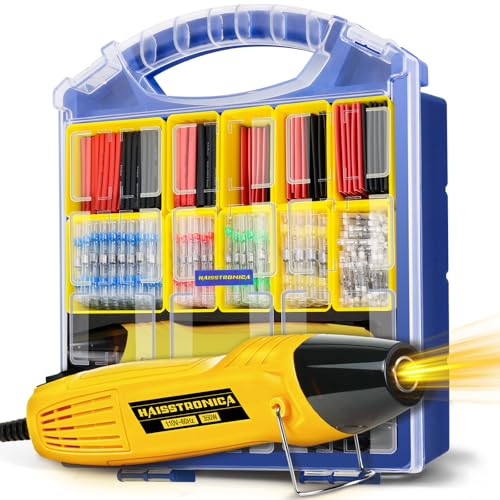 haisstronica All-in-One Solder Seal Wire Connectors with Tubing Set, Mini Heat Gun for Heat Shrink Tubing, Electrical Connectors Assortment, Organizer Box with Removable Dividers(450PCS) - size: 450PCS